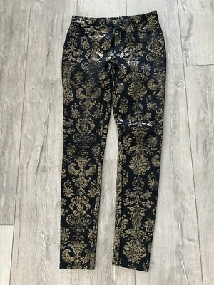 HUE Black & Gold Legging Pants. Inseam 28”. Size Small. Excel. Cond. Dry Cleaned - Image 1 of 4