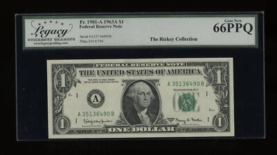 DBR 1963-A $1 FRN Boston Gem Fr. 1901-A Legacy 66 PPQ Serial A35136490B - Image 1 of 2