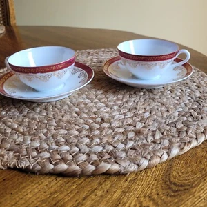 Pair of Rosenthal Teacups & Saucers Bordeaux Red & Gold Gilded Bavaria Germany - Picture 1 of 14