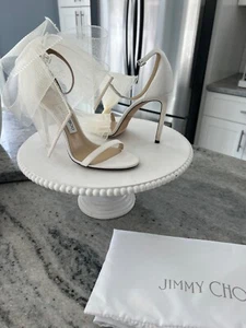 Jimmy Choo Aveline 100 High Heel Bow Ankle Strap Open Toe White Sandal Size 7.5 - Picture 1 of 4