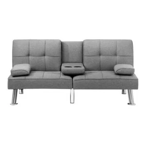 Oikiture 3 Seater Sofa Bed with Cup Holders Grey Fabric - Picture 1 of 7