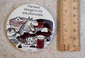 Sandra Boynton Pin Back Button Hippo Chocolate 1980s Best Things Life Vintage - Imagen 1 de 4