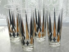 VTG MCM BLACK GOLD ATOMIC ARROW DIAMOND TALL HIGH BALL GLASS TUMBLERS 6 3/4"
