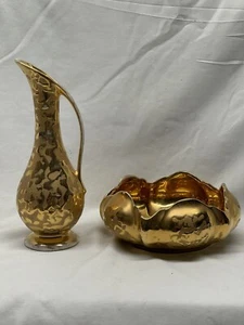Vintage weeping 22k Gold Pitcher Vaseand Bowl 1960’s Dixon Art Stuios - Picture 1 of 3