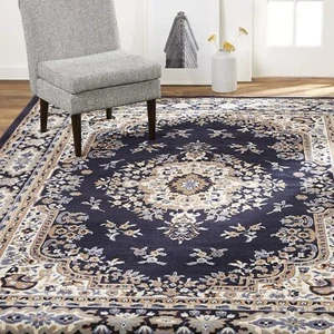 Area Rug Navy Blue/Brown Rectangle Border Medallion Pattern Indoor - Picture 1 of 8