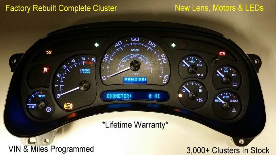 03-06 FACTORY REBUILT CHEVY SILVERADO CUSTOM BLACK BLUE LED COMPLETE CLUSTER WB - Image 1 of 1