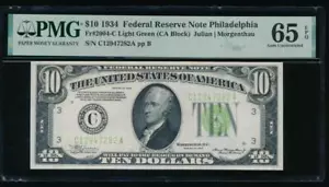 AC 1934 $10 Philadelphia FRN PMG 65 EPQ light green seal Fr 2004-C - Picture 1 of 2