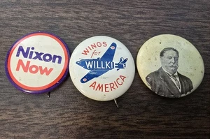 Agrupación de tres botones de campaña presidencial; Taft, Willkie, Nixon - Imagen 1 de 2