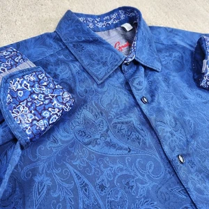 Robert Graham Shirt Men Large Paisley Jacquard Floral Flip Cuff Blue Classic Fit - Picture 1 of 13