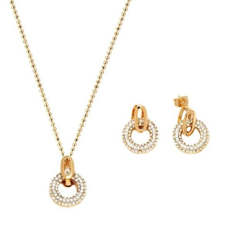 Juego de aretes colgantes redondos chapados en oro circonita blanca con cadena de 18" Foto 1 de 1