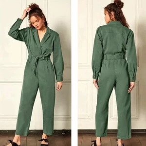 Boyish Green Twill Cotton Long Sleeve Belted Wrap Jumpsuit Coveralls Women Small - Picture 1 of 13