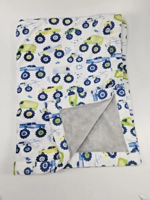 Monster Truck Car Plush Reversible Baby Blanket Gray Blue Green Racing Fun - Image 1 of 4