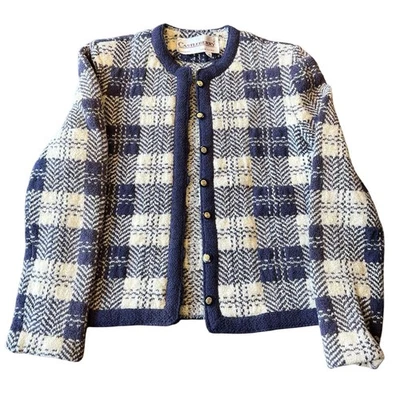 Vintage Cardigan Sweater Size 10 Castleberry Wool Navy Blue White M 90s - Image 1 of 4