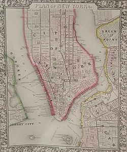 1860 Plan Of New York City Hand Colored Map Augustus Mitchell Manhattan NYC - Picture 1 of 6