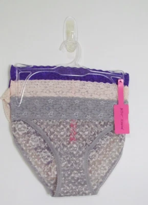 Betsey Johnson 3 Pack Lace Bikini Panties, Gray w/Pink, Peach, Purple Small NWT - Image 1 of 3