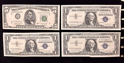 USA $1 $5 Silver Certificates Lot - Nice bills Crisp but with folds. - Image 1 of 2