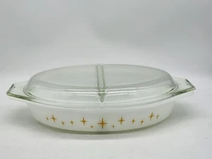 Pyrex Constellation Atomic Starburst Gold Divided Casserole 1.5 qt W/ Lid T39 - Picture 1 of 8