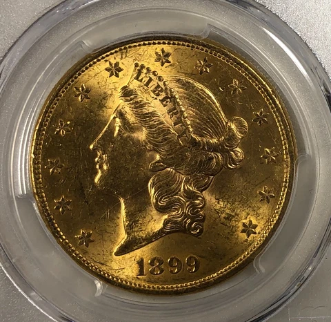 1899-S $20 Gold Liberty, Double Eagle. PCGS MS62 Cover