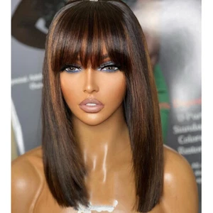 Brown Highlight Short Bob Human Hair Wig With Bangs Scalp Top Full Machine Made - Picture 1 of 12