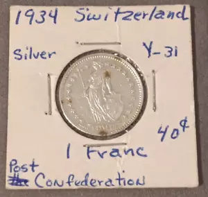 Switzerland 1 franc 1934 silver 0.835 KM-24 - Picture 1 of 3