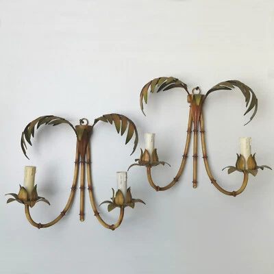 PAR DE APLIQUES DE PARED ITALIANOS VINTAGE 2 LUCES HOJAS DE PALMA ITALIA Foto 1 de 4