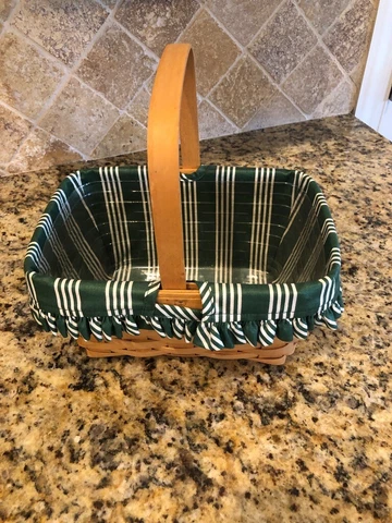 Small Longaberger Basket with Handle and Green Cotton Lining Cover