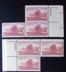 Three US 3c stamp, SC #1063, Lewis & Clark Expedition MNH 1954 with plate number - Picture 1 of 1