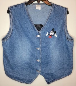 Gilet vintage Disney Topolino donna XL blu denim ricamato senza maniche anni 90 - Foto 1 di 9