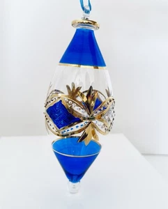 Hand Painted Glass Ornament Blue Gold Rhinestone Drop Elegant Christmas Decor - Picture 1 of 9
