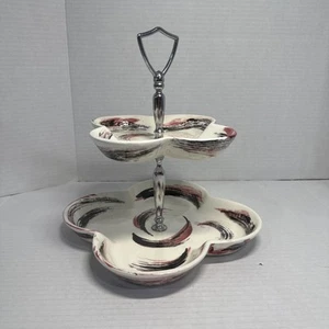 Vintage 2 tier Serving / Tidbit Tray MCM Rare Find! Cream w/Pink, Black Splash - Picture 1 of 5