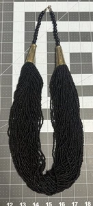 Vintage Black Glass Seed Bead Necklace 33” Multi-Strand Brass Tribal Boho - Picture 1 of 6