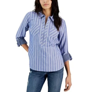 Blusa Tommy Hilfiger Media Cremallera Pestaña Enrollable Preppy Azul Rayas Logo Costera Mujer M - Imagen 1 de 5