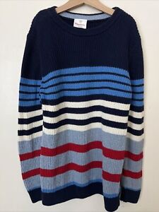 Hanna Andersson Boys Sweater Striped Red Blue Grey 140 9-11 Cotton Chunky Knit