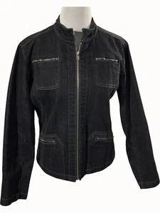 Chaqueta a medida de mezclilla negra talla mediana Chicos Platino bolsillos delanteros con cremallera - Imagen 1 de 9
