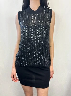 Sexy Vestido Jersey ROBERTO CAVALLI Lentejuelas 40 S Negro Cuello Simulado Acanalado NUEVO Foto 1 de 4