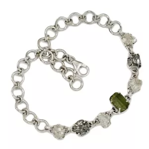Brazalete Natural Genuino Checo Moldavita y Diamante Herkimer Plata 925 SB17431 - Imagen 1 de 1