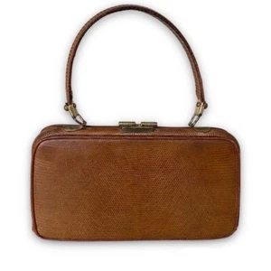 Vintage Reptile Leather Hard Handbag Satchel Hinge Metal Clasp Purse - Picture 1 of 13