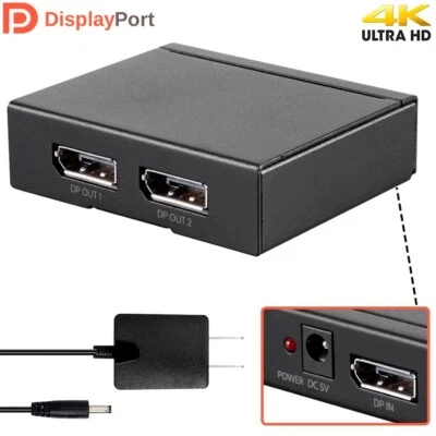 1x2 1 In 2 Out DisplayPort 1.2a Splitter Video 4K 60Hz 21.6Gbps 3D MST HBR2 GTC - Image 1 of 4