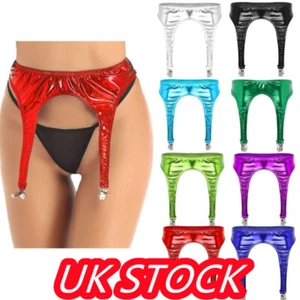 UK Women Shiny Metallic PVC Leather Garter Belt with Metal Clips for Stockings - Picture 1 of 91