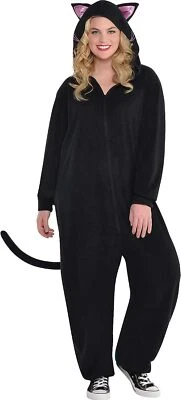 Black Cat Zipster Jumpsuit Kitty Animal Cozy Fancy Dress Halloween Adult Costume - Image 1 of 2