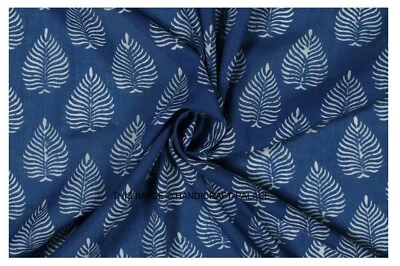 Indigo Blue 100% Leaf Indian Cotton 25 Yard Running Loose Sewing Dress Fabric - Image 1 of 3