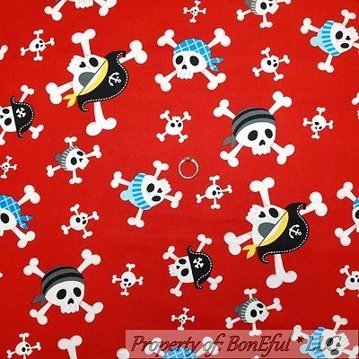 ALEXANDER HENRY BonEful Fabric FQ Cotton Quilt Red B&W Skeleton Skull Cross Bone Head Pirate Boy