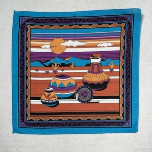 Vintage Southwestern Aztec Bandana Blue Made In USA - Picture 1 of 5