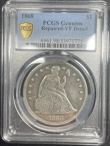 1868 sitzende Freiheit Silber Dollar 1 $ PCGS sehr schöne Details gesteckt - Bild 1 von 4