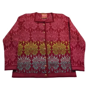 Oleana of Norway Cardigan Sweater Medium Wool Floral Paisley Pink Red Gold Blue - Picture 1 of 7