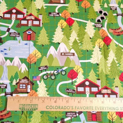 Cotton Fabric Green North Woods Cabins Trails Forest Campsite 24x44 Quilting - Image 1 of 4