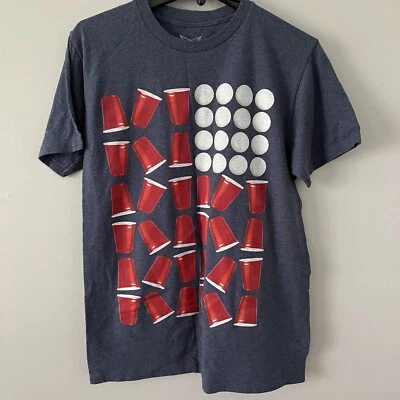 Univibe Beer Pong Drinking USA Flag College T-Shirt Blue Medium - Image 1 of 4