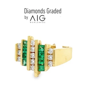 AIG Certified 0.90 CT Natural Emerald Diamond Ring Carre Cut 14K Yellow Gold - Picture 1 of 4