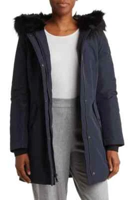 Parka para mujer Tahari $350 Gracie ribete de piel sintética con capucha azul marino talla mediana nueva con etiquetas Foto 1 de 4