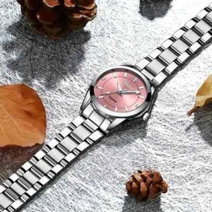 GENF DAMEN UHR ROSA ZIFFERBLATT 30MM QUARZ ANALOG LEUCHTZEIGER DRÜCKEN/ZIEHEN STAHL - Bild 1 von 7